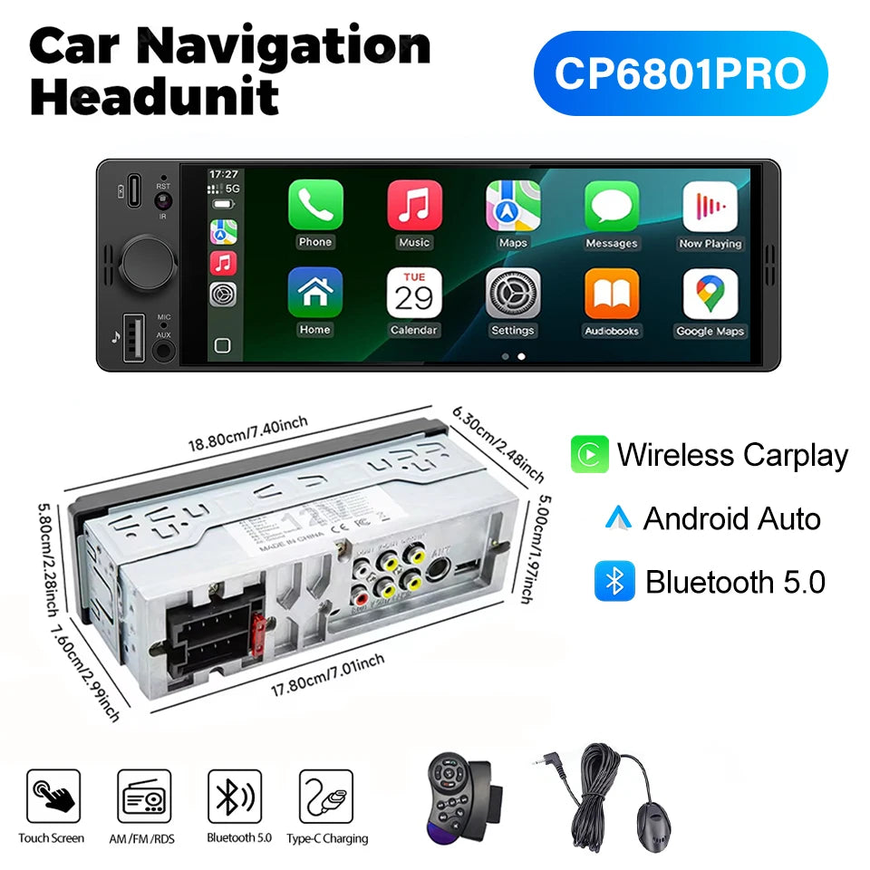 1DIN 6.86inch Universal MP5 Car Radio Support Wireless Carplay Android AUTO AUX USB BT Touch Screen Multimedia Video Player