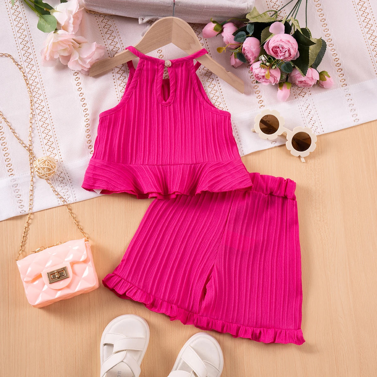 2025 New Girls' Summer Fashion Sets Sleeveless Ruffle Tank Top & Shorts Solid Color Two-Piece Outfit for Toddler Girls