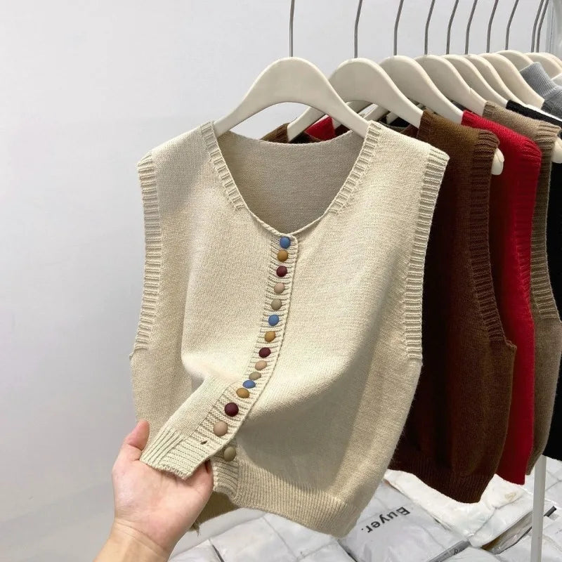 Sweater Vest Autumn Women Rainbow Single-breasted Button Soft Sweater Loose Knit Vest V-neck Knitwear Cardigan Lady Waistcoats