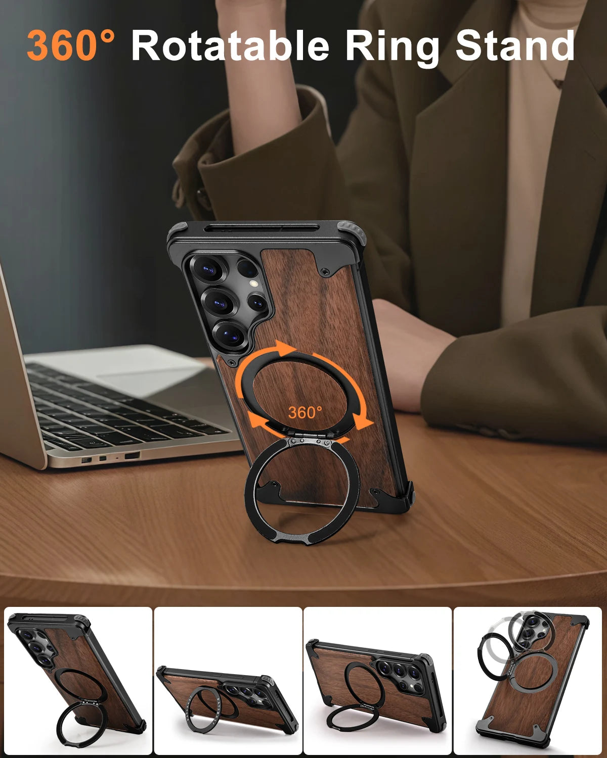 Eary Luxury Wood Frameless Case for Samsung Galaxy S25 S24 Ultra 360°Rotatable Magnetic Ring Stand Shockproof Bumper Phone Cover