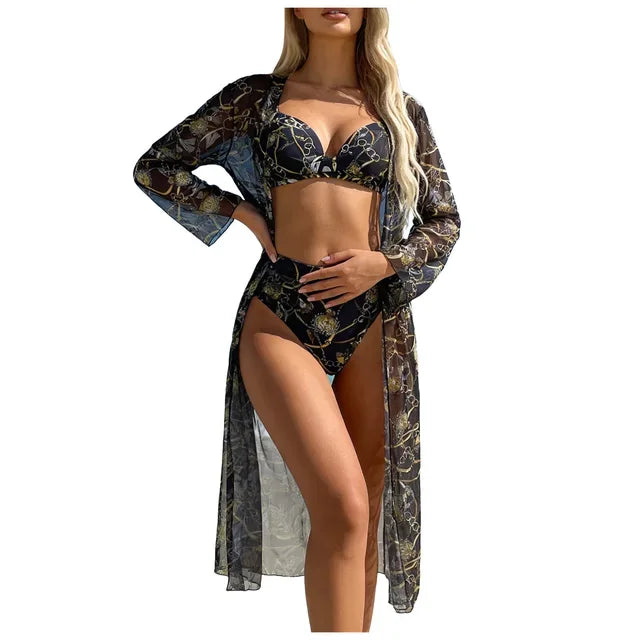 Womens High Waisted Bikini Sets Sporty Three Piece Swimsuits Color Block High Cut Bathing Suits New High Elastic Bikini Set