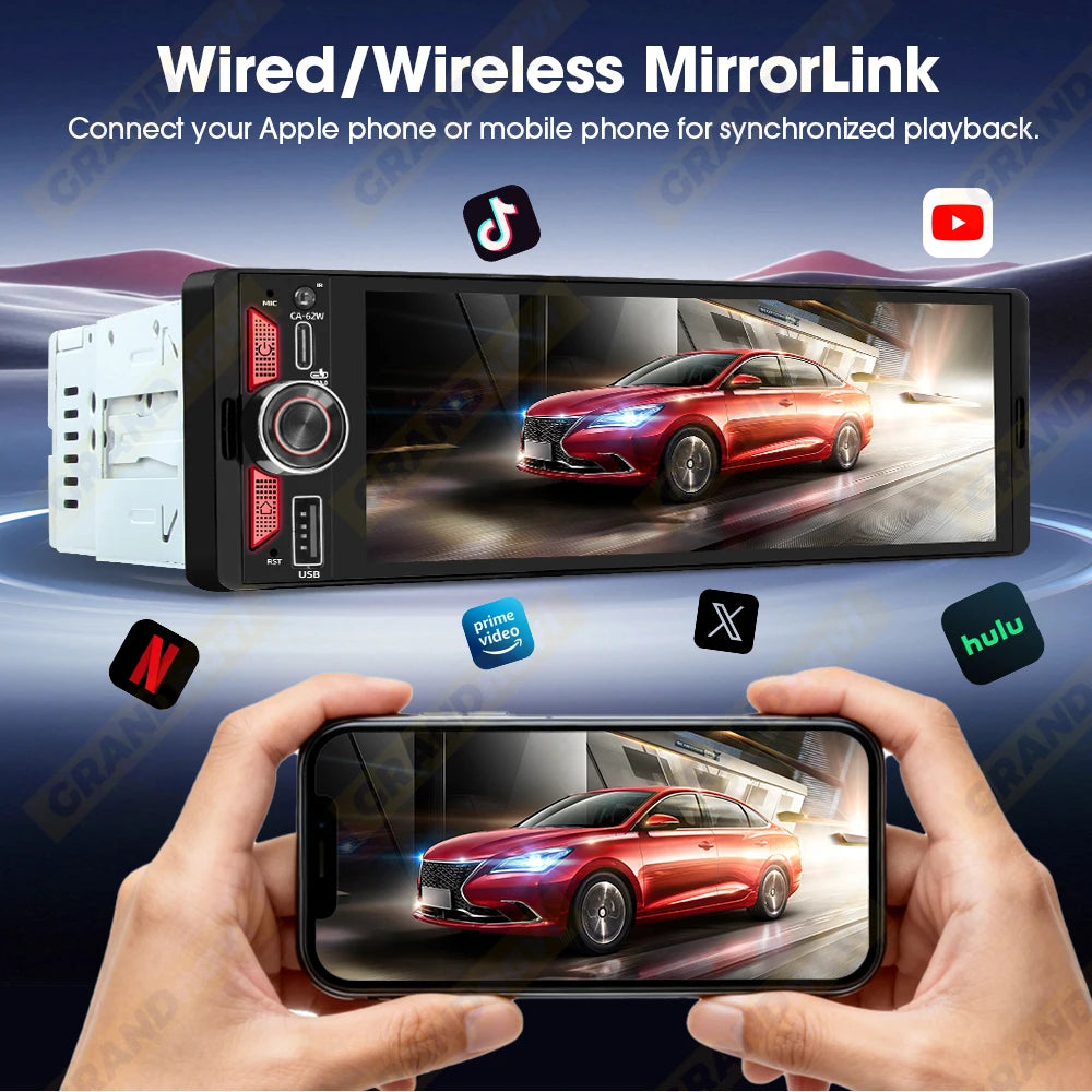 6.5 Inch 1Din IPS Screen Wireless Carplay Android Auto Airplay Car Radio MP5 Player Stereo Bluetooth FM Type-C PD3.0 Fast Charge