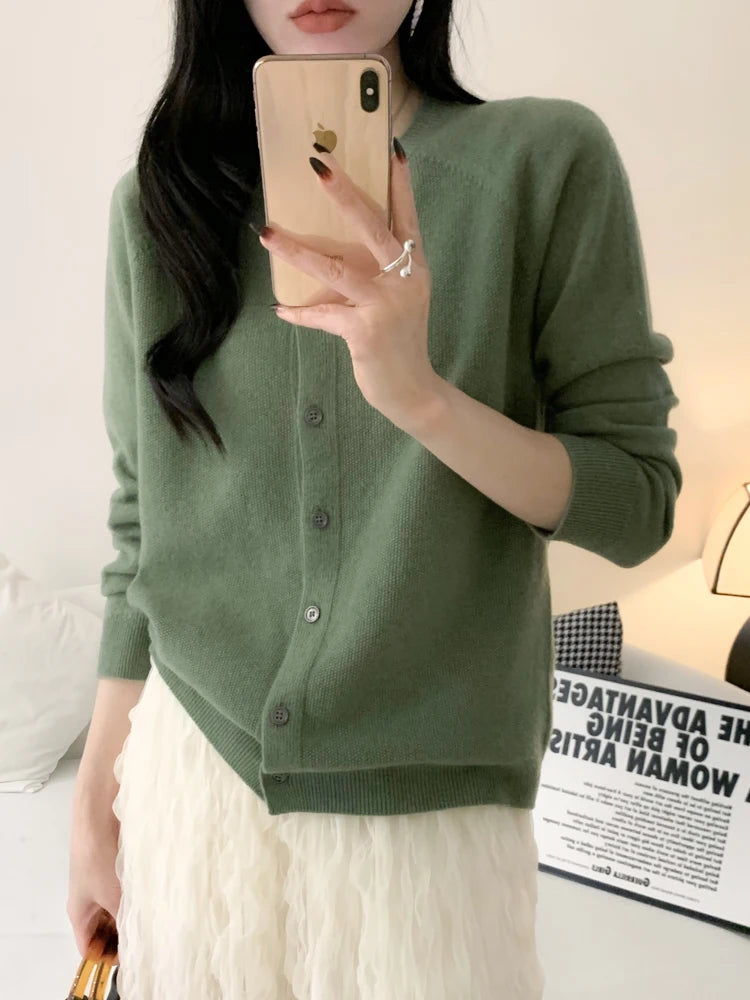 100% Merino Wool Knitwear Autumn Winter Grace Solid Color Basics Cardigan Soft Warm Casual O-Neck Sweater Woman Clothing Tops