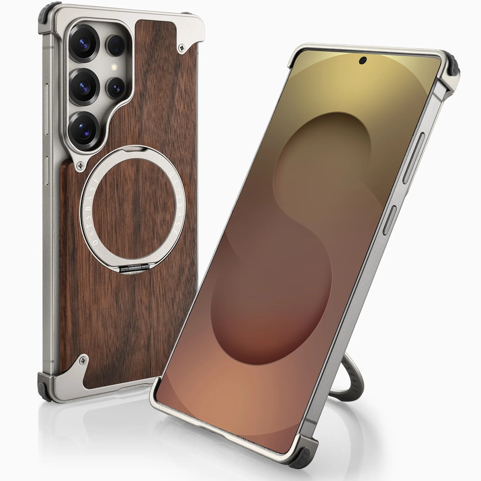 Eary Luxury Wood Frameless Case for Samsung Galaxy S25 S24 Ultra 360°Rotatable Magnetic Ring Stand Shockproof Bumper Phone Cover