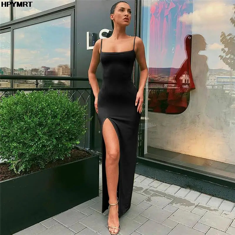Red black New year party long Split fork dress women 2022 spring Basic Backless bodycon lace up stretch Slim midi dresses femme