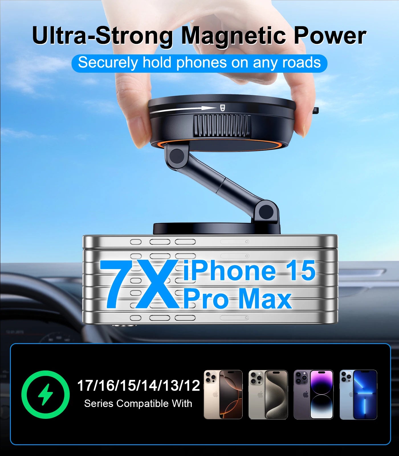 Eary Wireless Car 15W Fast Charger Suction Cup Phone Holder Stand Magnetic Car Mount Dashboard Magsafe Fit for iPhone Samsung HW