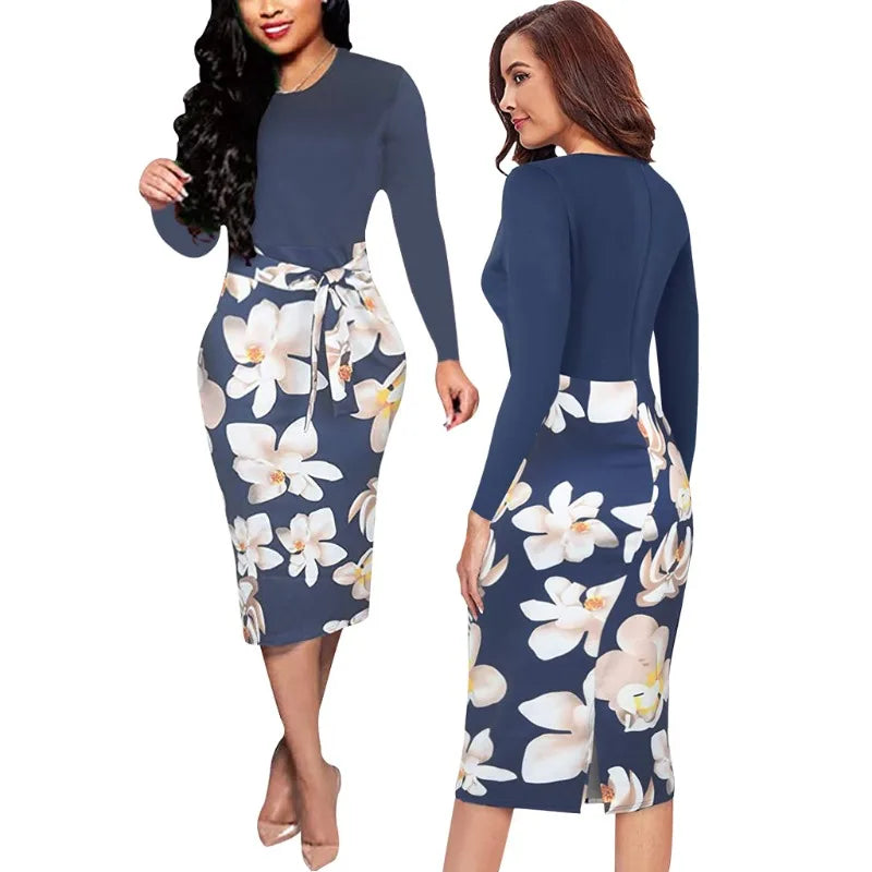 Fashionable printed long sleeved dress, European and American style color matching women's bag custom flower bud
