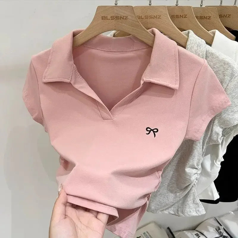 Summer Short Sleeve T-Shirt Women's Butterfly Embroidery Polo Collar Short Style Fashionable Top Cotton Material Flip Collar