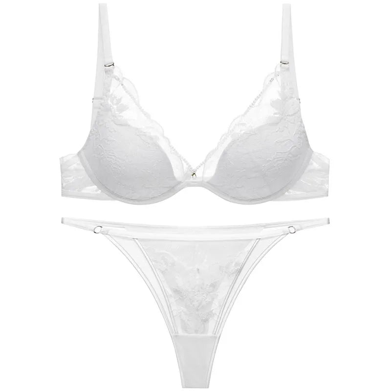 Logirlve French Thin Women Lingerie Set Sexy Satin Lace Splicing Comfort Bras Print Temptation Bra and Thong Sets Underwear