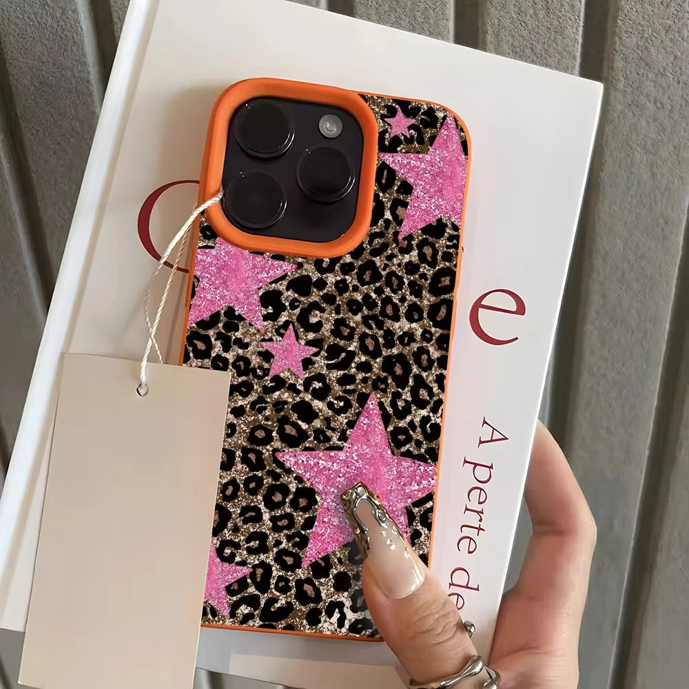 Retro Leopard Print Pink Star Phone Case For iPhone 17 Pro Max 16 Plus 15 Pro 14 13 12 11 XR XS 17Air Lychee Textur Soft Cover