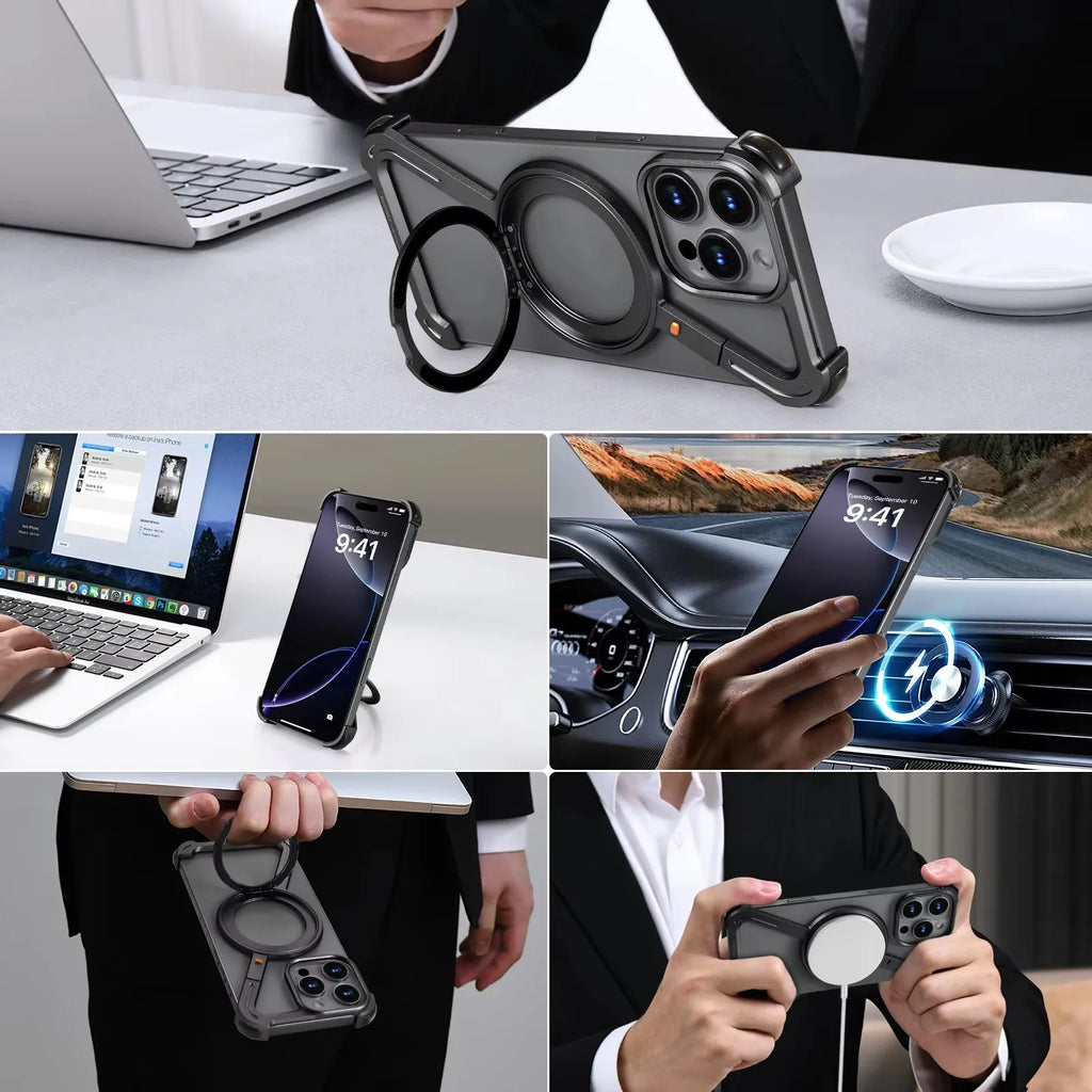 Eary Z Case for iPhone 16 15 14 13 12 Pro Max for Magsafe 360°Rotatable Magnetic Kickstand Metal Frameless Bumper Phone Cover