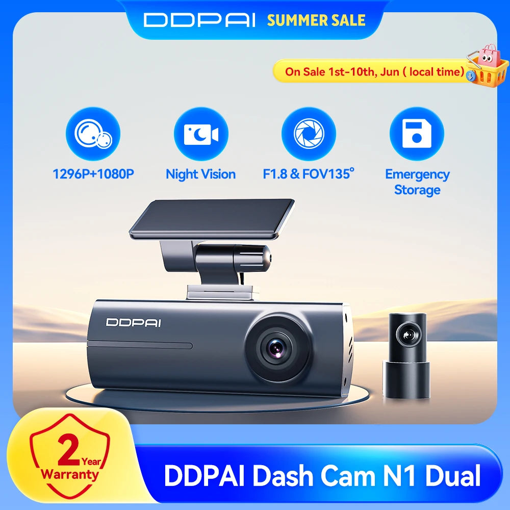 DDPAI Dash Cam  N1 Dual Front & Rear Recording NightVIS 1296P Dash Cam Recorder Car DVR   App Control