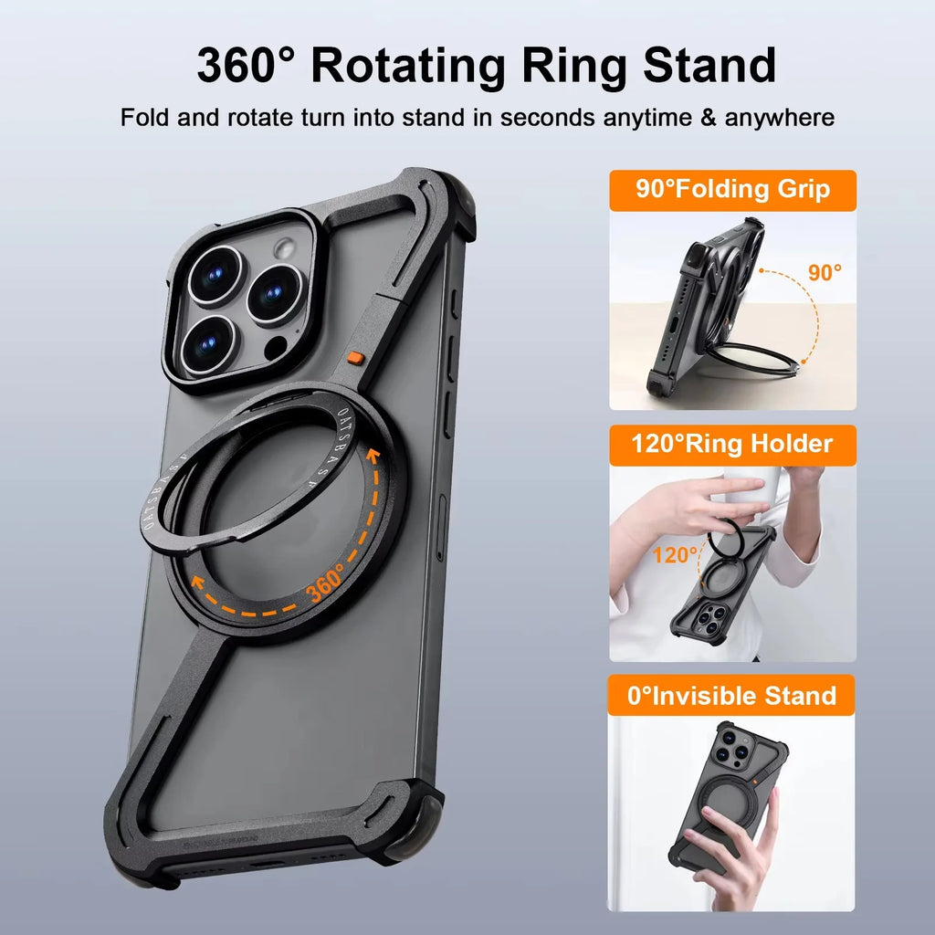 Eary Z Case for iPhone 16 15 14 13 12 Pro Max for Magsafe 360°Rotatable Magnetic Kickstand Metal Frameless Bumper Phone Cover